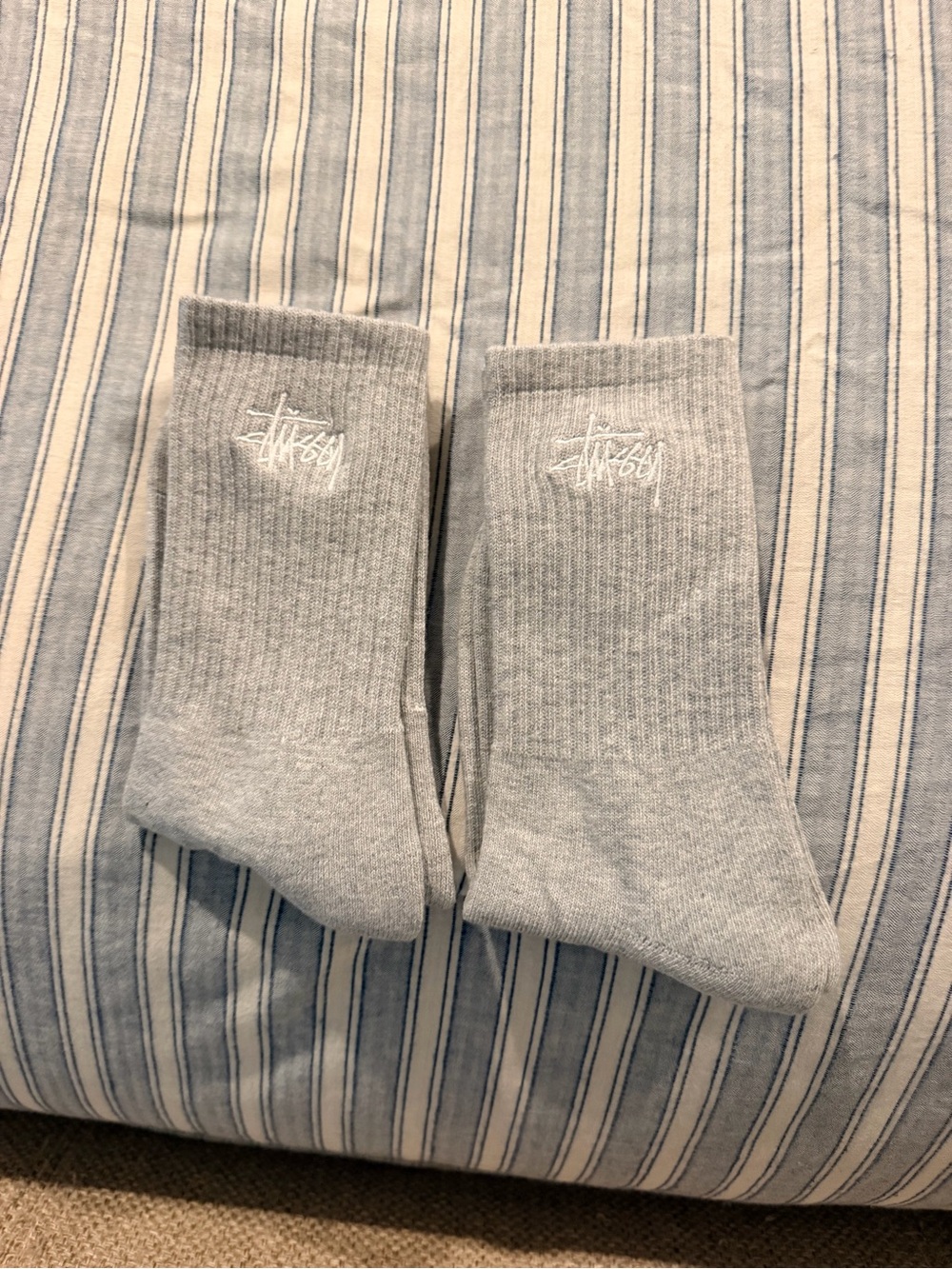 2-count of Stussy Grey Crew Socks with White Logo Embroidery